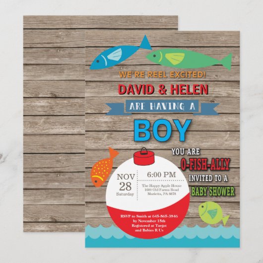 Vissen Baby shower Uitnodiging Jongen Vis (Voorkant / Achterkant)