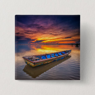 Vissen Boat op zonsopgang   Jubakar Beach Vierkante Button 5,1 Cm