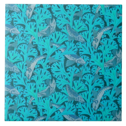 VISSEN EN ALGEN IN AQUA BLUE Art Nouveau Patroon Tegeltje (Voorkant)