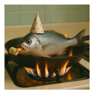 Vissen in een koekenpan met een party Pet op Foto Afdruk