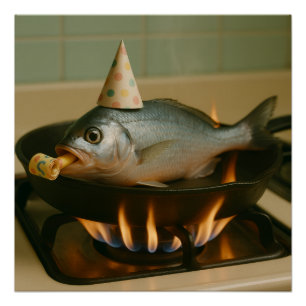 Vissen in een koekenpan met een party Pet op Perfect Poster