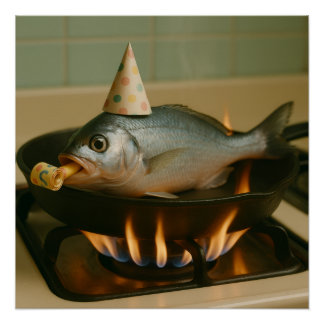 Vissen in een koekenpan met een party Pet op Perfect Poster