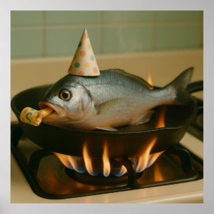 Vissen in een koekenpan met een party Pet op Poster