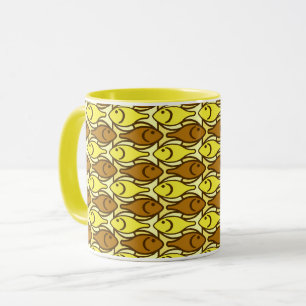 Vissen in mid-century modern-stijl, bruin en geel mok