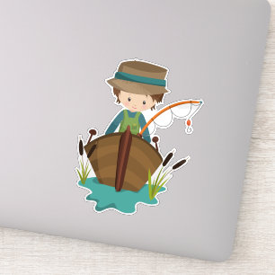 Vissen jongen, visser, Gevist rod, bruin haar Sticker