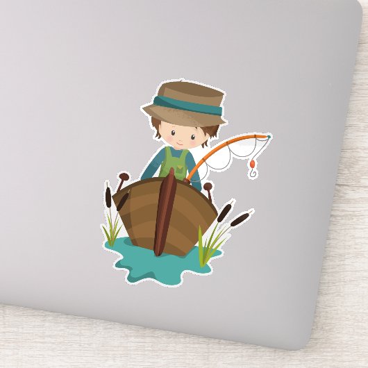 Vissen jongen, visser, Gevist rod, bruin haar Sticker (Detail)