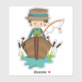 Vissen jongen, visser, Gevist rod, bruin haar Sticker (Vel)