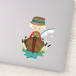 Vissen jongen, visser, Geviste rod, blond haar Sticker