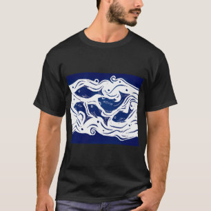 Vissen Linocut in Blauw en Wit T-shirt