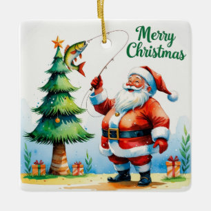 Vissen met kerstman keramisch ornament
