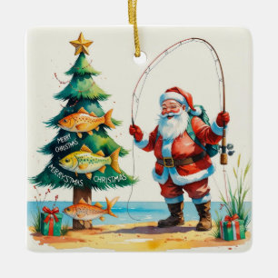 Vissen met kerstman keramisch ornament