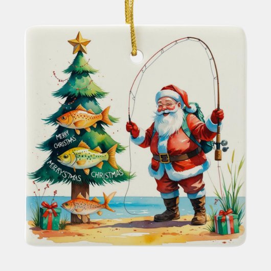 Vissen met kerstman keramisch ornament (Voorkant)