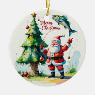Vissen met kerstman keramisch ornament