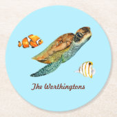 Vissen met Zeeen schildpad op Light Aqua Ronde Kartonnen Onderzetter (Voorkant)