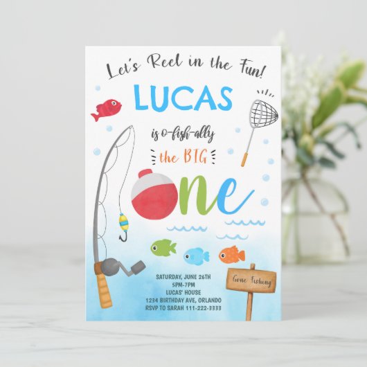 Vissen O-Fish-Ally 1e verjaardagsuitnodiging Kaart (Staand voorkant)