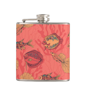 Vissen op levende koraalachtergrond heupfles