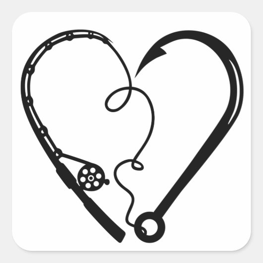 VISSEN ROD HEART HOOK VIERKANTE STICKER (Voorkant)