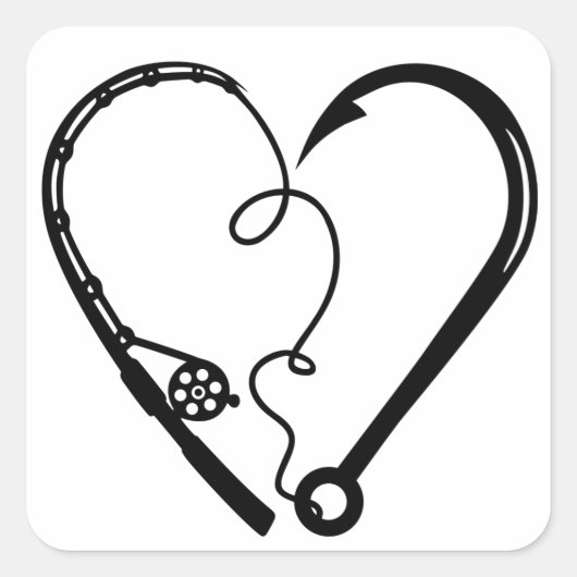 VISSEN ROD HEART HOOK VIERKANTE STICKER (Voorkant)