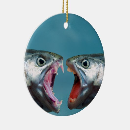 Vissen schreeuwen naar elkaar in een schreeuwwedst keramisch ornament (Rechts)