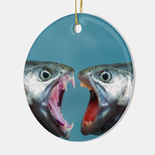 Vissen schreeuwen naar elkaar in een schreeuwwedst keramisch ornament (Links)