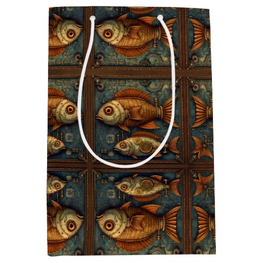 Vissen Steampunk Groen en Goudbruin Medium Cadeauzakje (Voorkant)