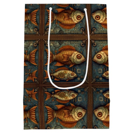 Vissen Steampunk Groen en Goudbruin Medium Cadeauzakje (Achterkant)