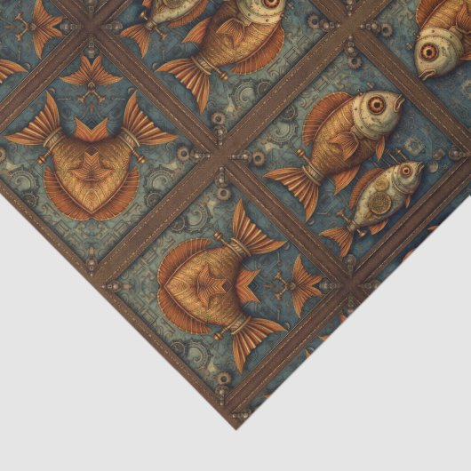 Vissen Steampunk Groen en Goudbruin Tissuepapier (Detail)