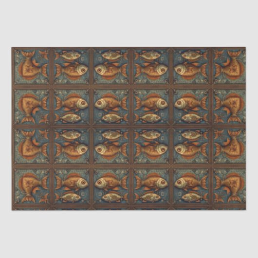 Vissen Steampunk Groen en Goudbruin Tissuepapier (Voorkant)