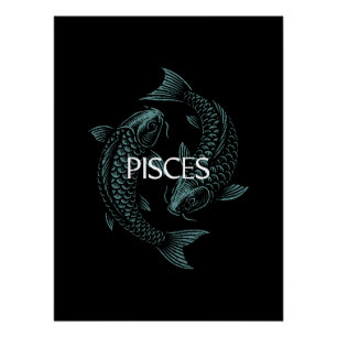 Vissen Sterrenbeeld – Vintage Vissen in Teal op Zw Perfect Poster