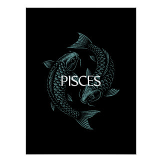 Vissen Sterrenbeeld – Vintage Vissen in Teal op Zw Perfect Poster