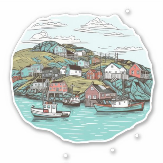 VISSEN TOWN NEWFOUNDLAND HAVENILLUSTRATIE STICKER (Voorkant)