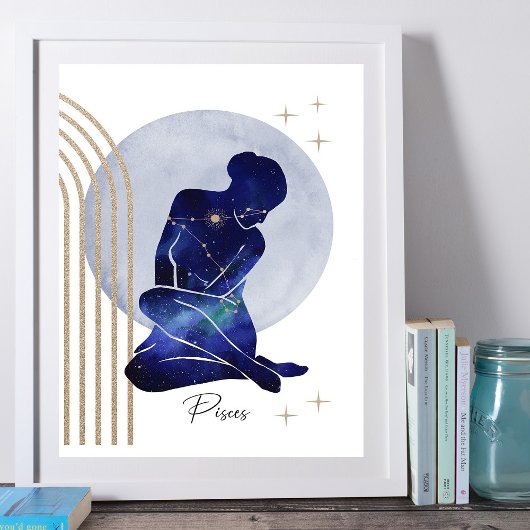Vissen Vrouwelijk Blauw Goud Zodiac Design Poster