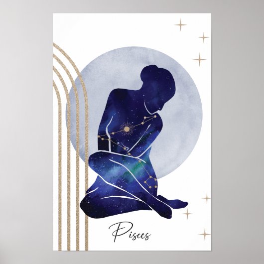 Vissen Vrouwelijk Blauw Goud Zodiac Design Poster (Voorkant)