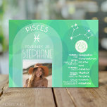 Vissen Zodiac Astrologie Foto Aangepaste geboorted Briefkaart<br><div class="desc">Personaliseer deze dierenriemkaart met een foto, geboortedatum en naam. Een aangepast verjaardagsontwerp met het sterrenbeeld - Vissen - plus persoonlijkheidskenmerken, informatie en sterrenbeeld. Een mystieke lichtgroene en aquamarijnkleurcombinatie die wordt geassocieerd met Vissen is het belangrijkste ontwerp achter alle Zodiac-details. Een geweldig cadeau voor een vriend of om gewoon "je" te...</div>