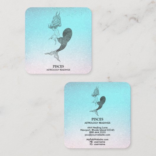 ** VISSEN Zodiac Astrologie Lezen Aqua Glitter Vierkante Visitekaartje (Voorkant / Achterkant)
