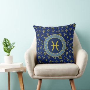 Vissen Zodiac+Astrology Symbolen Patroon Gold+Blue Kussen