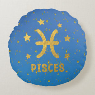 Vissen Zodiac Blauw en Goud Rond Kussen