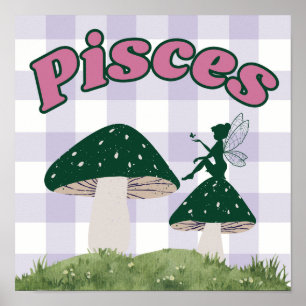 Vissen Zodiac Cottagecore Fairy Mushroom Poster