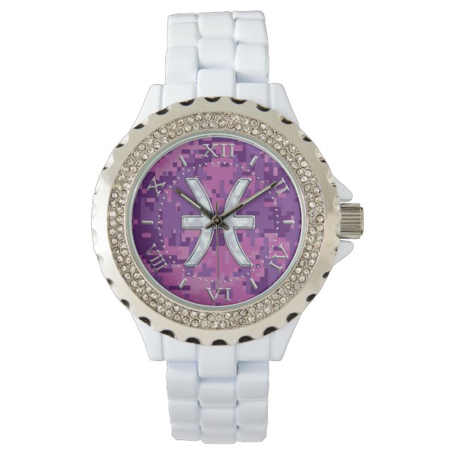 Vissen Zodiac op Fuchsia Roze Camouflage Dial Horloge (Voorkant)