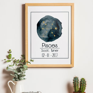 Vissen Zodiac teken: aangepaste naam & verjaardag Poster