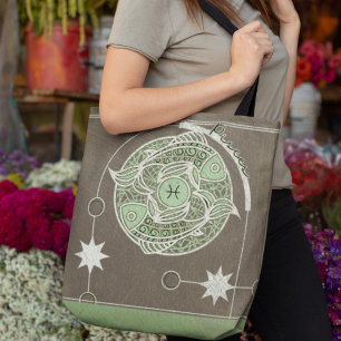 Vissen Zodiac teken Groene en Grijze Mandala Tote Bag