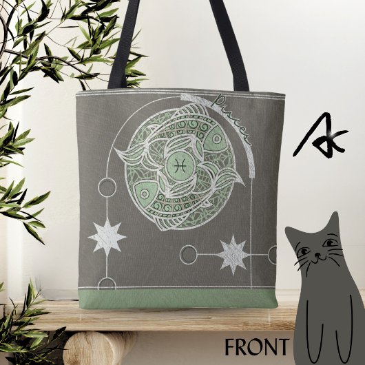 Vissen Zodiac teken Groene en Grijze Mandala Tote Bag