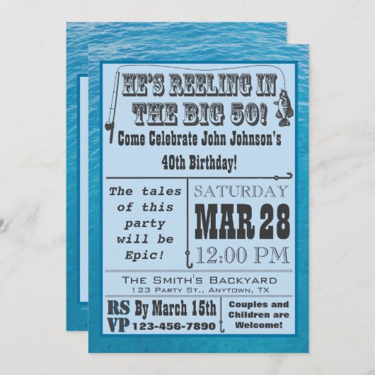 Vissende 50e verjaardag uitnodiging met water (Voorkant / Achterkant)