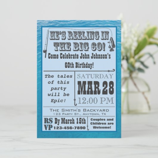 Vissende 60e verjaardag uitnodiging met water (Staand voorkant)