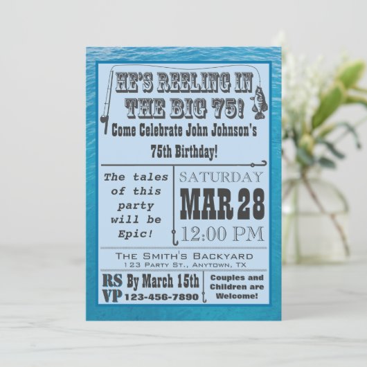 Vissende 75e verjaardag uitnodiging met water (Staand voorkant)