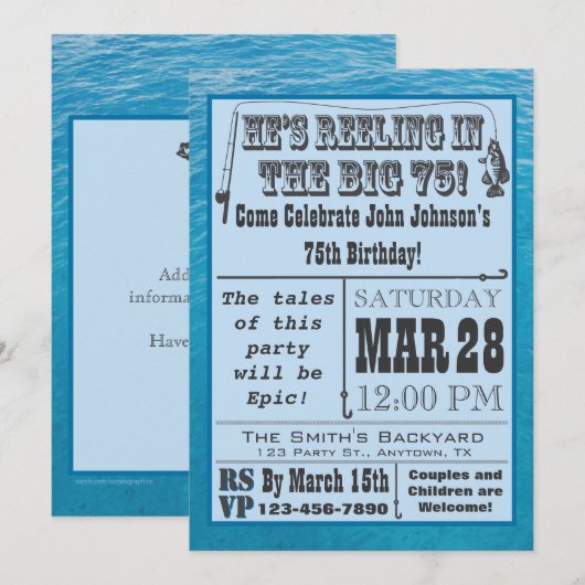Vissende 75e verjaardag uitnodiging met water (Voorkant / Achterkant)