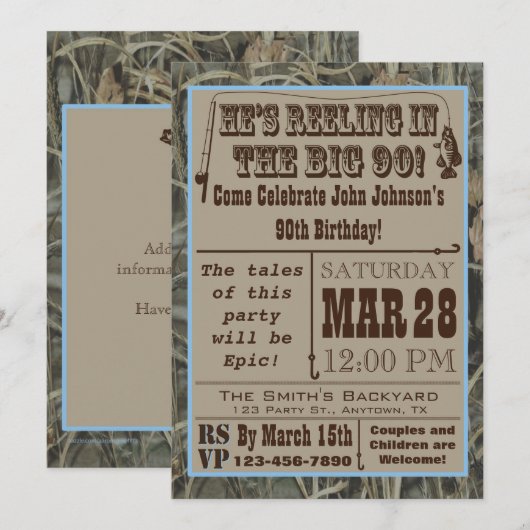 Vissende 90e verjaardag uitnodiging met Camo (Voorkant / Achterkant)