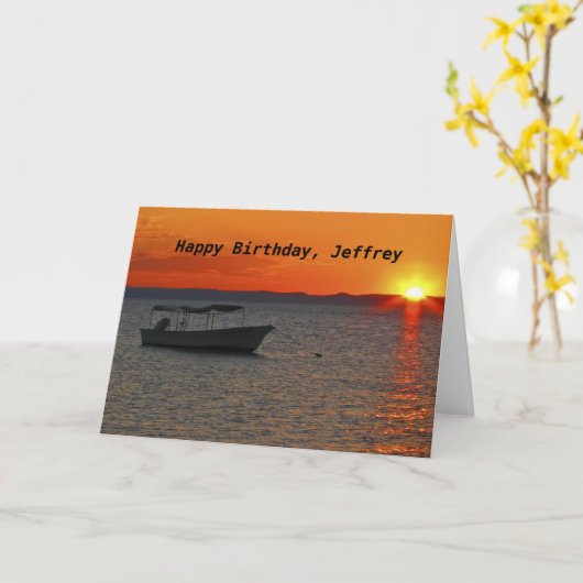 Vissende boot Happy Birthday, aangepaste naam Kaart (Gele Bloem)