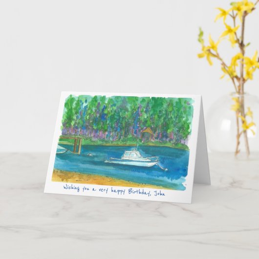 Vissende boot Happy Birthday Custom Name Kaart (Gele Bloem)