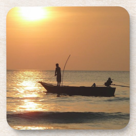 Vissende boot op zonsondergang bier onderzetter (Voorkant)